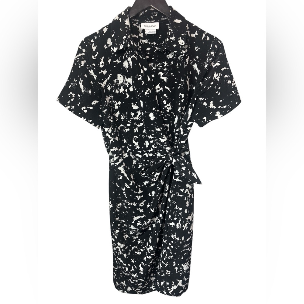Calvin Klein short sleeve wrap shirt dress black white patterned Midi Career 8
